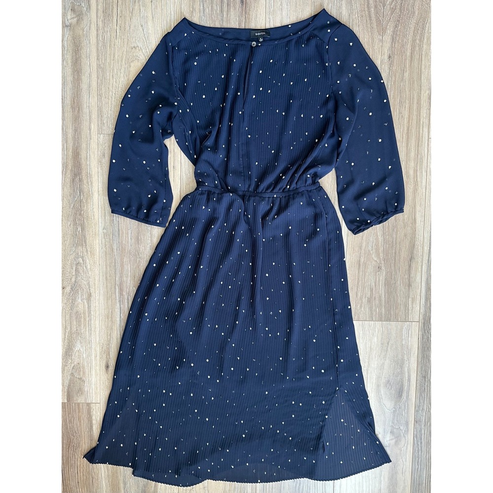 Babaton Pieter Chiffon Pintuck Midi Dress Navy Metallic Polka Dot Med Celestial